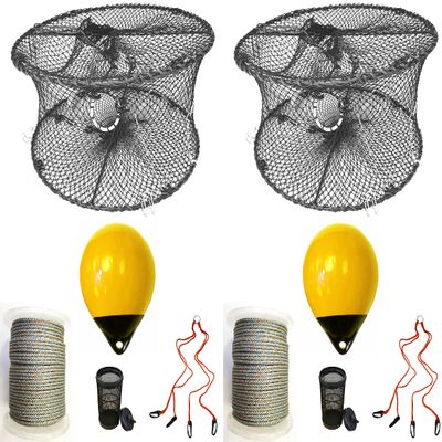 2-Pack of KUFA Sports Foldable Prawn Trap (Stretched Mesh Size:1-3/4") with 400' Rope, Yellow Float, Bait Bag & Harness Combo (PRN59+PHLH30) x2
