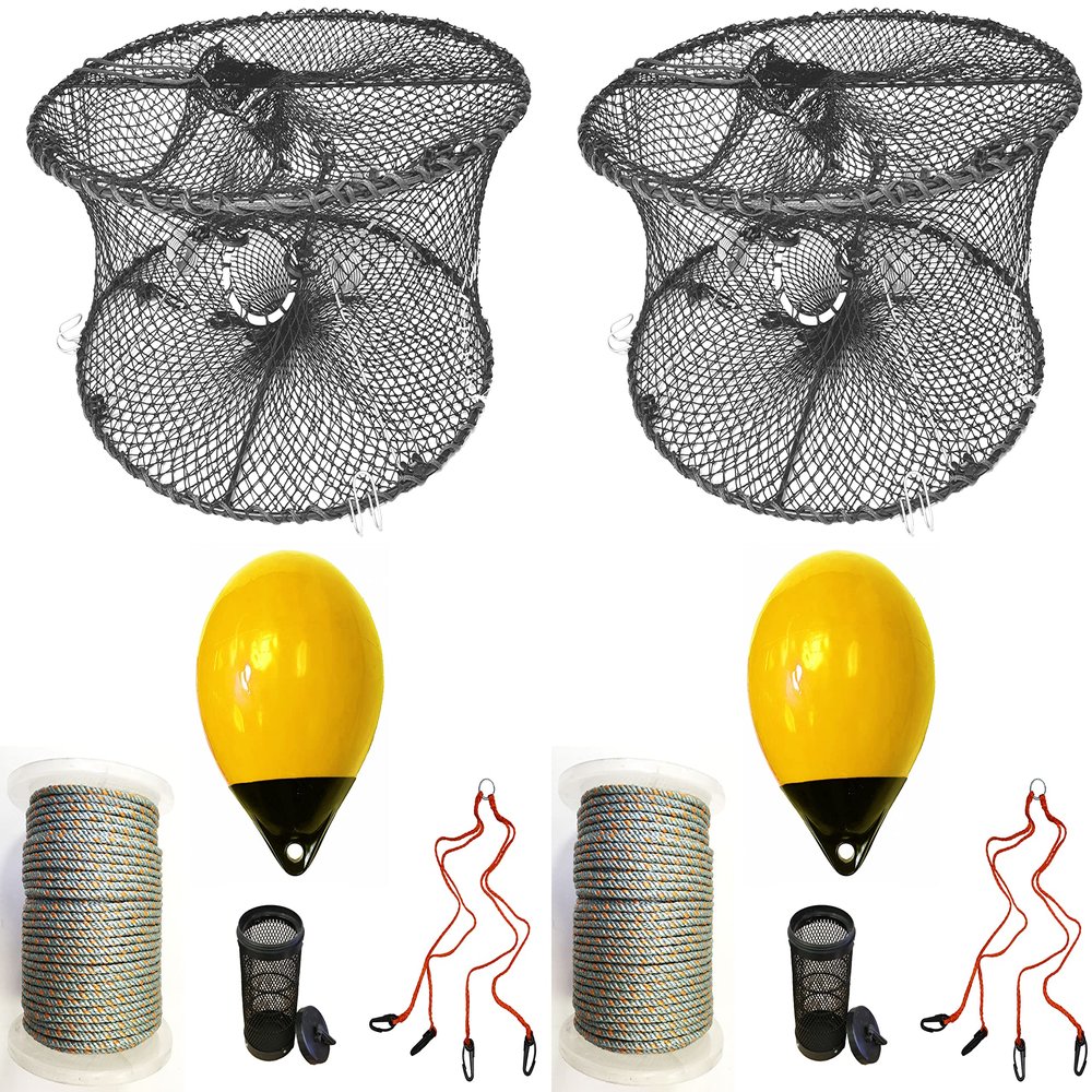 2-Pack of KUFA Sports Foldable Prawn Trap (Stretched Mesh Size:1-3/4") with 400' Rope, Yellow Float, Bait Bag & Harness Combo (PRN59+PHLH30) x2