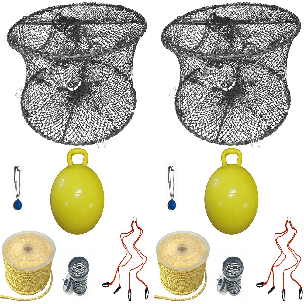2-Pack of KUFA Sports Foldable Prawn Trap (Stretched Mesh Size:1-3/4") with 400' Rope, Yellow Float, Bait Bag & Harness Combo (PRN59+PNP5+HA2) x2