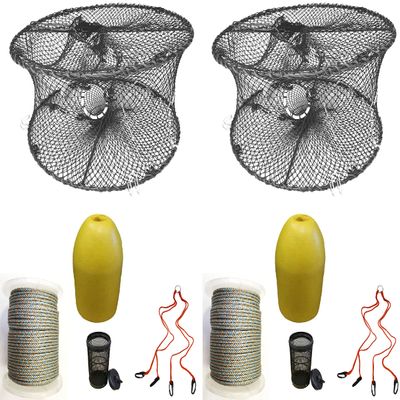 2-Pack of KUFA Sports Foldable Prawn Trap (Stretched Mesh Size:1-3/4") with 400' Rope, Yellow Float, Bait Bag & Harness Combo (PRN59+PHLH1) x2