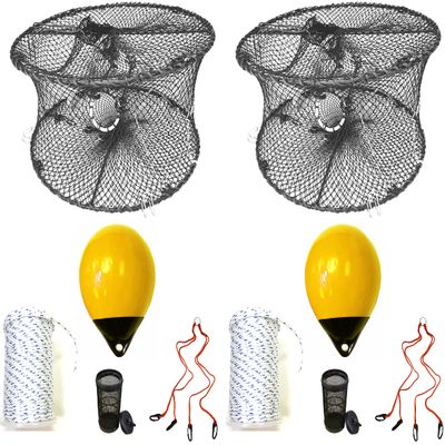 2-Pack of KUFA Sports Foldable Prawn Trap (Stretched Mesh Size:1-3/4") with 400' Rope, Yellow Float, Bait Bag & Harness Combo (PRN59+PHS30Y+HA2) x2