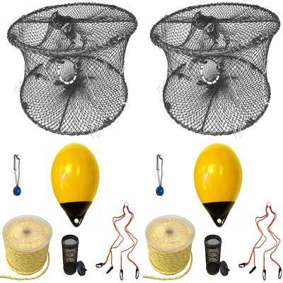 2-Pack of KUFA Sports Foldable Prawn Trap (Stretched Mesh Size:1-3/4") with 400' Rope, Yellow Float, Bait Bag & Harness Combo (PRN59+PHP38Y+HA2) x2