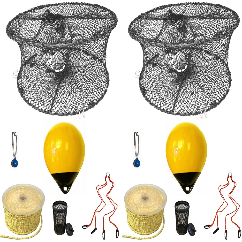 2-Pack of KUFA Sports Foldable Prawn Trap (Stretched Mesh Size:1-3/4") with 400' Rope, Yellow Float, Bait Bag & Harness Combo (PRN59+PHP38Y+HA2) x2