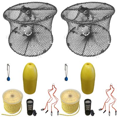 2-Pack of KUFA Sports Foldable Prawn Trap (Stretched Mesh Size:1-3/4") with 400' Rope, Yellow Float, Bait Bag & Harness Combo (PRN59+PHP1+HA2) x2