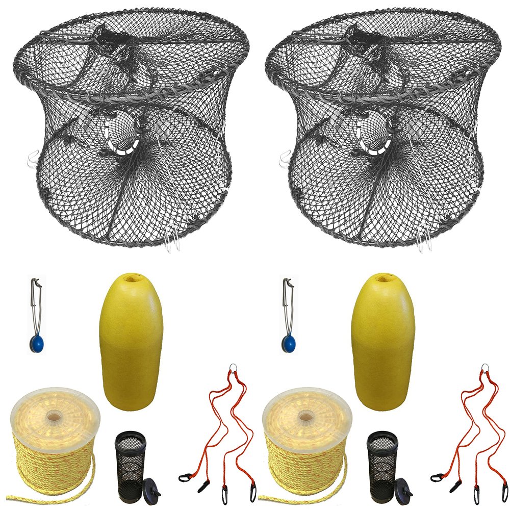 2-Pack of KUFA Sports Foldable Prawn Trap (Stretched Mesh Size:1-3/4") with 400' Rope, Yellow Float, Bait Bag & Harness Combo (PRN59+PHP1+HA2) x2