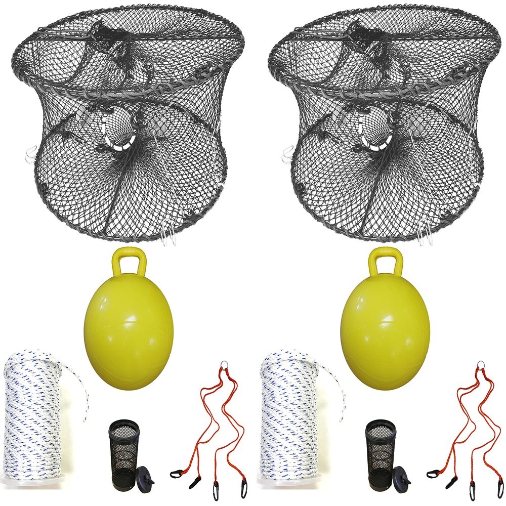 2-Pack of KUFA Sports Foldable Prawn Trap (Stretched Mesh Size:1-3/4") with 400' Rope, Yellow Float, Bait Bag & Harness Combo (PRN59+PHm5+HA2) x2
