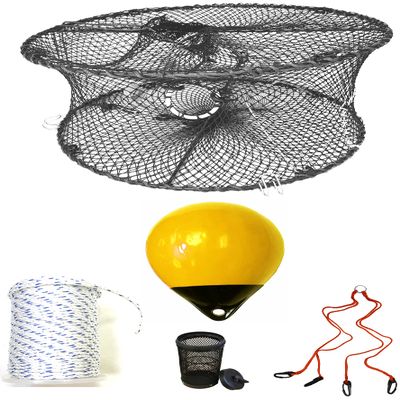 KUFA Sports Foldable Prawn Trap (Stretched Mesh Size:1-3/4") with 400' Rope, Yellow Float, Bait Bag & Harness Combo (PRN59+PHM30Y+HA2)