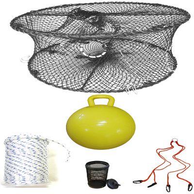 KUFA Sports Foldable Prawn Trap (Stretched Mesh Size:1-3/4") with 400' Rope, Yellow Float, Bait Bag & Harness Combo (PRN59+PHM5+HA2)