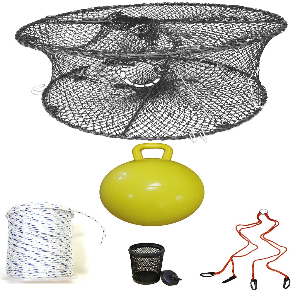 KUFA Sports Foldable Prawn Trap (Stretched Mesh Size:1-3/4") with 400' Rope, Yellow Float, Bait Bag & Harness Combo (PRN59+PHM5+HA2)