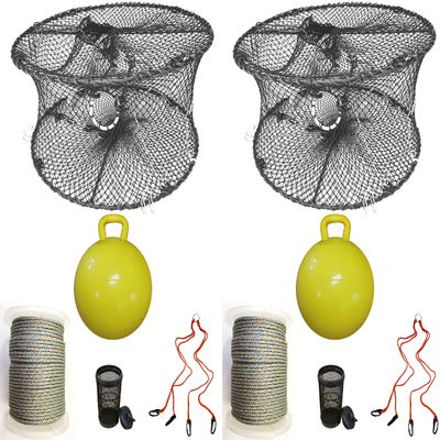 2-Pack of KUFA Sports Foldable Prawn Trap (Stretched Mesh Size:1-3/4") with 400' Rope, Yellow Float, Bait Bag & Harness Combo (PRN59+PHLH5) x2