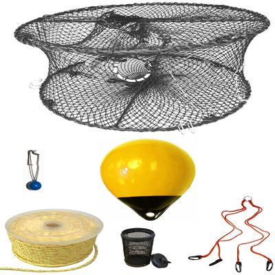 KUFA Sports Foldable Prawn Trap (Stretched Mesh Size:1-3/4") with 400' Rope, Yellow Float, Bait Bag & Harness Combo (PRN59+PHPH38Y)