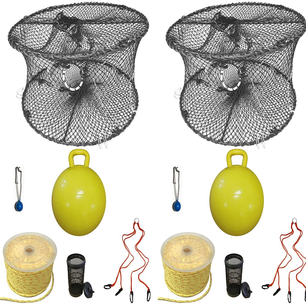 2-Pack of KUFA Sports Foldable Prawn Trap (Stretched Mesh Size:1-3/4") with 400' Rope, Yellow Float, Bait Bag & Harness Combo (PRN59+PHP5+HA2) x2