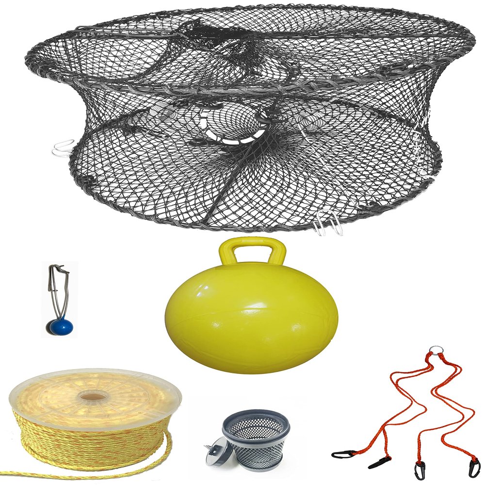 KUFA Sports Foldable Prawn Trap (Stretched Mesh Size:1-3/4") with 400' Rope, Yellow Float, Bait Bag & Harness Combo PRN59+PNP5+HA2