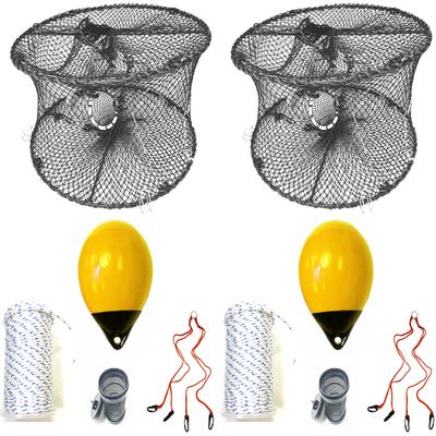 2-Pack of KUFA Sports Foldable Prawn Trap (Stretched Mesh Size:1-3/4") with 400' Rope, Yellow Float, Bait Bag & Harness Combo (PRN59+PNM30Y+HA2) x2
