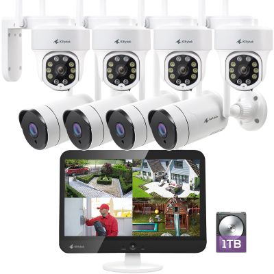 Kittyhok Wireless Security Camera System with 10CH 12" Monitor, 4pcs 2K WiFi Security Camera & 4pcs PTZ Outdoor Security Camera with 360 Viewing, Auto Tracking, Human Detection, Spotlight, 1TB HDD