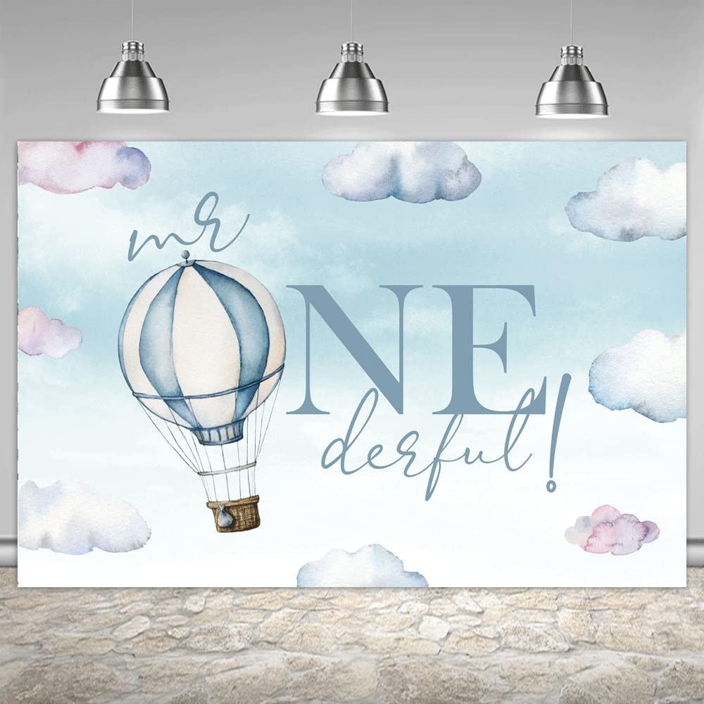 1st Happy Birthday Backdrop for Boy Mr.Onederful Baby Boy Kids One Year Old Party Decorations Banner Supplies Blue Clouds Hot Air Balloon Photography Background Props 5x3ft (EZH0D721UU)