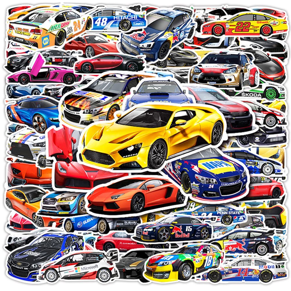 102PCS Sports Car Stickers - Racing Car, Waterproof Stickers for Bottles, Laptops, Skateboards, Helmets
