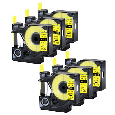 USUPERINK 6 Pack Compatible for Dymo 18431 Black on Yellow 9mm 3/8'' x 5.5m 18' Permanent Vinyl Label Tape Work with Rhino Pro 1000 3000 4200 5000 5200 6000 3M PL200 PL300 Industrial Label Makers