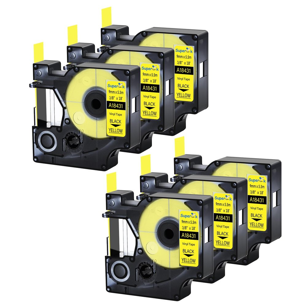 USUPERINK 6 Pack Compatible for Dymo 18431 Black on Yellow 9mm 3/8'' x 5.5m 18' Permanent Vinyl Label Tape Work with Rhino Pro 1000 3000 4200 5000 5200 6000 3M PL200 PL300 Industrial Label Makers