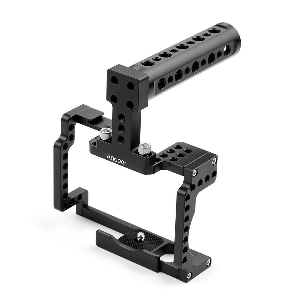 Andoer Anoder Camera Cage with Grip Handle Aluminum Alloy with Cold Shoe 1/4 3/8 Holes Compatible with Canon M50