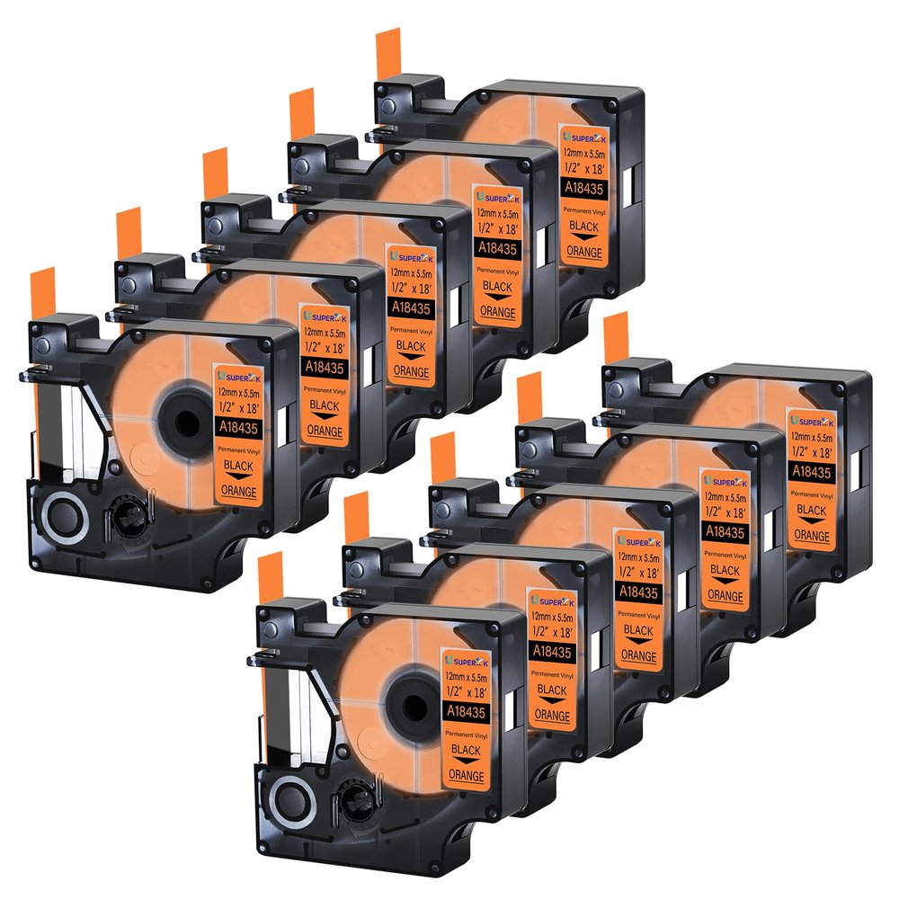 USUPERINK 10 Pack Compatible for Dymo 18435 Black on Orange 12mm 1/2'' x 5.5m 18' Permanent Vinyl Label Tape Work with Rhino Pro 1000 3000 4200 5000 5200 6000 3M PL200 PL300 Industrial Label Makers