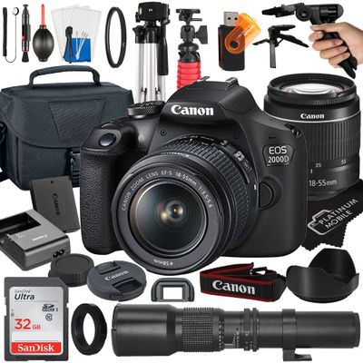 Canon EOS 2000D / Rebel T7 DSLR Camera with EF-S 18-55mm + 500mm Preset Manual Focus Lens + SanDisk 32GB Card + Tripod + Case + MegaAccessory Bundle (23pc Bundle), Black /Multicolor (Renewed)
