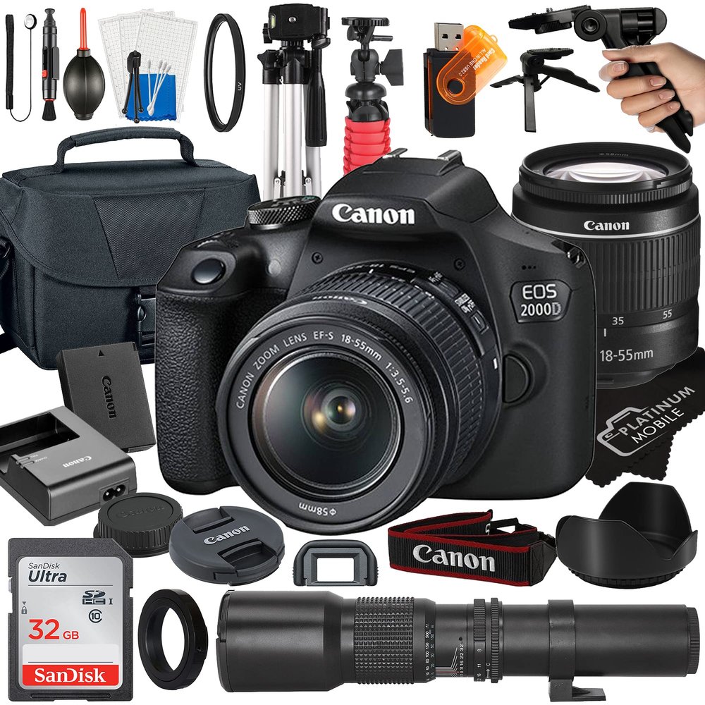 Canon EOS 2000D / Rebel T7 DSLR Camera with EF-S 18-55mm + 500mm Preset Manual Focus Lens + SanDisk 32GB Card + Tripod + Case + MegaAccessory Bundle (23pc Bundle), Black /Multicolor (Renewed)