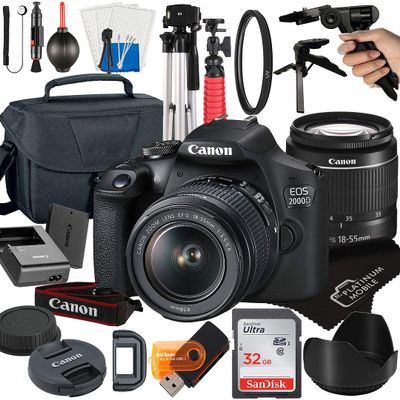 Canon EOS 2000D / Rebel T7 DSLR Camera with 18-55mm Zoom Lens + Platinum Mobile Accessory Bundle Package Includes: SanDisk 32GB Card, Case and More (21pc) (Renewed)