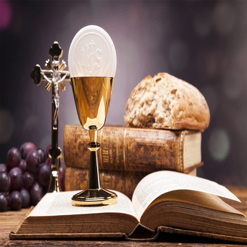 Loccor 7x5ft Fabric First Holy Communion Backdrop Sacred Objects Bible Bread Wine Photography Background Christian Church Religious Event Baptism Party Decor Portrait Studio Photoshoot Props