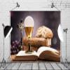 Loccor 7x5ft Fabric First Holy Communion Backdrop Sacred Objects Bible Bread Wine Photography Background Christian Church Religious Event Baptism Party Decor Portrait Studio Photoshoot Props view 2