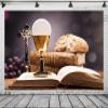 Loccor 7x5ft Fabric First Holy Communion Backdrop Sacred Objects Bible Bread Wine Photography Background Christian Church Religious Event Baptism Party Decor Portrait Studio Photoshoot Props view 4
