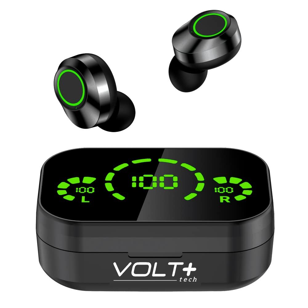 Volt Plus TECH Wireless V5.3 LED Pro Earbuds Compatible with Your ZTE Supreme IPX3 Bluetooth Water & Sweatproof/Noise Reduction & Quad Mic(Black)