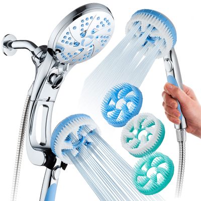 Hotel Spa AquaCare High Pressure 6-in-1 Aquassage - 76-mode 3-way Combo, Showerhead, Hand Shower, Body Brush, Hair Brush & Arm in One Two Brackets, Extra-long 6 foot Stainless Steel Hose