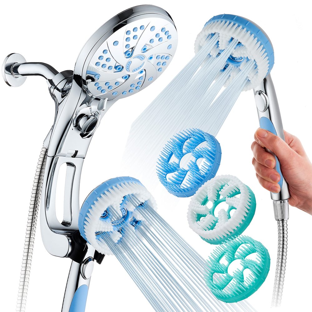 Hotel Spa AquaCare High Pressure 6-in-1 Aquassage - 76-mode 3-way Combo, Showerhead, Hand Shower, Body Brush, Hair Brush & Arm in One Two Brackets, Extra-long 6 foot Stainless Steel Hose