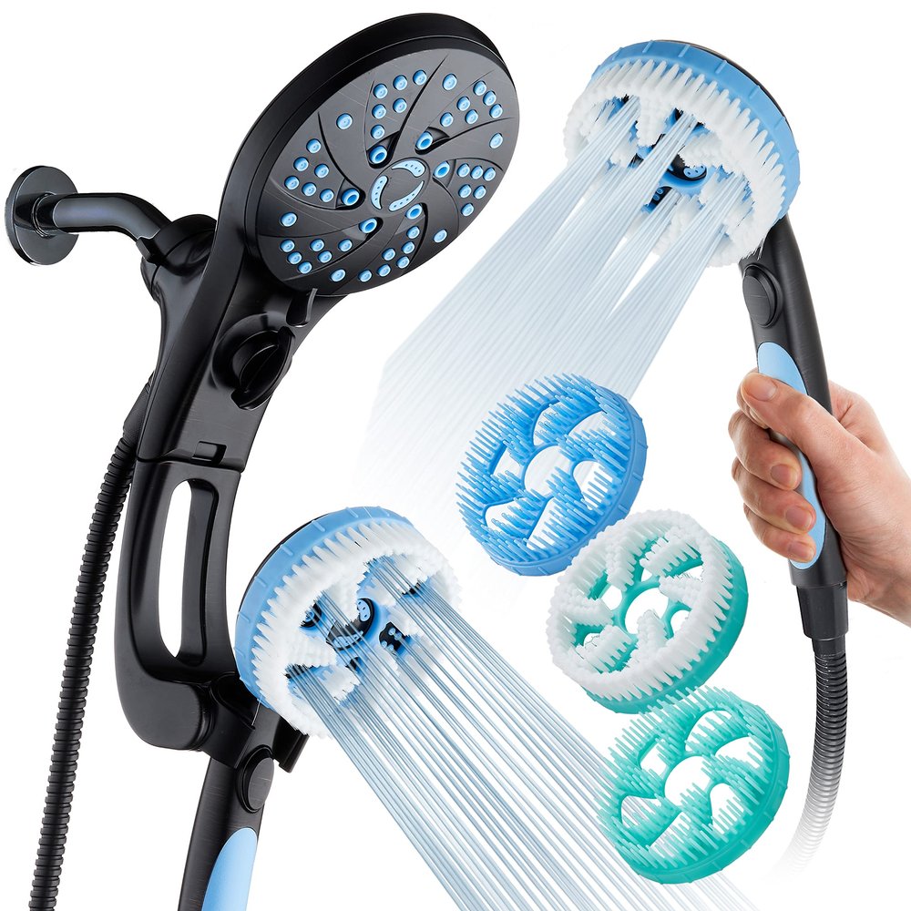Hotel Spa AquaCare High Pressure 6-in-1 Aquassage 76-mode 3-way Combo, Showerhead, Hand Shower, Body Brush, Hair Brush & Arm in One Two Brackets, Extra-long 6 foot Hose, Brush Head Holder