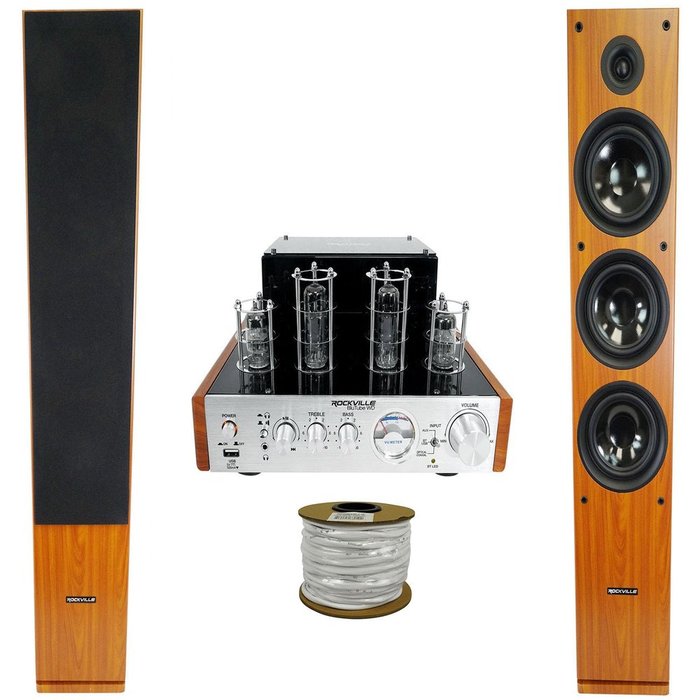 Rockville Home Audio Bundle: Blutube WD 70W Bluetooth Tube Amplifier, RCC14-100-2 14 AWG Speaker Wire, (2) RockTower 64C Classic 4 Ohm Tower Speakers, 4-Items