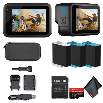GoPro Hero 11 (HERO11) Black - Waterproof Action Camera with 5.3K Ultra HD Video, 27MP Photos, 1/1.9" Image Sensor, Live Streaming, Webcam, Stabilization + 64GB Extreme Pro Card and 2 Extra Batteries