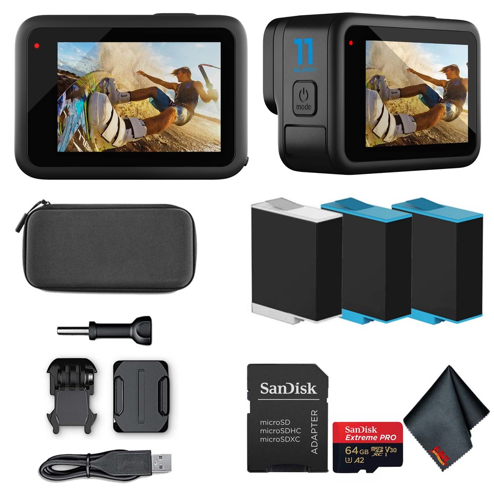 GoPro Hero 11 (HERO11) Black - Waterproof Action Camera with 5.3K Ultra HD Video, 27MP Photos, 1/1.9" Image Sensor, Live Streaming, Webcam, Stabilization + 64GB Extreme Pro Card and 2 Extra Batteries