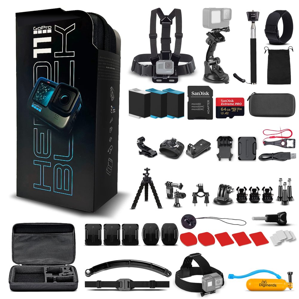 GoPro HERO11 (Hero 11) Black - Waterproof Action Camera with 5.3K Video, 27MP Photos, 1/1.9" Sensor, Live Streaming, Webcam, Stabilization + 64GB Card, 50 Piece Accessory Kit and 2 Extra Batteries