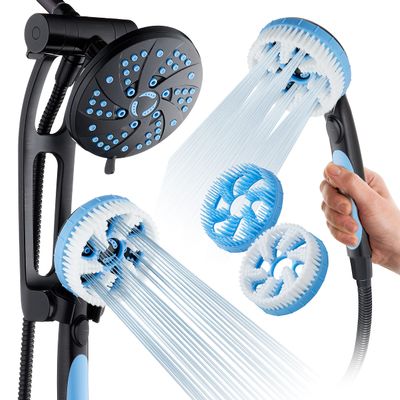 Hotel Spa High Pressure 6-in-1 Aquassage - 76-mode 3-way Combo, Showerhead, Hand Shower, Body, Hair Brush & Arm in One Two Brackets, Extra-long 6 foot Stainless Steel Hose, Brush Head Holder