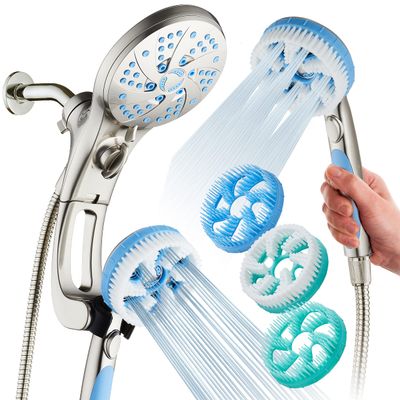 AquaCare High Pressure 6-in-1 Aquassage - 76-mode 3-way Combo, Showerhead, Hand Shower, Body Brush, Hair Brush & Arm in One! Two Brackets, Extra-long 6 foot Stainless Steel Hose, Brush Head Holder