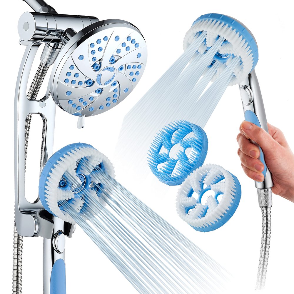 Hotel Spa High Pressure 6-in-1 Aquassage - 76-mode 3-way Combo, Showerhead, Hand Shower, Body Brush, Hair Brush & Arm in One Two Brackets, Extra-long 6 foot Stainless Steel Hose, Brush Head Holder