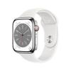 Apple Watch Series 8 [GPS + Cellular 45mm] Smart Watch w/Silver Stainless Steel Case with White Sport Band - M/L. Fitness Tracker, Blood Oxygen & ECG Apps, Always-On Retina Display, Water Resistant view 1