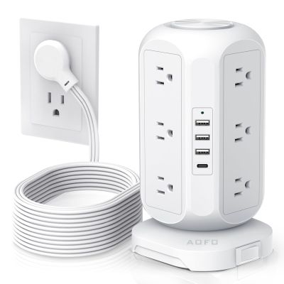 15 ft Long Extension Cord Power Strip Tower,AOFO Surge Protector 12 AC Outlets 4 USB(1 USB C) Ports, Charging Tower Overload Protection with Multiple Outlets for Home Dorm Office