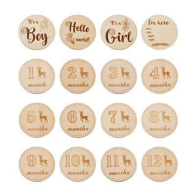 Beadthoven 16pcs Monthly Milestone Wooden Cards Basswood Milestone Discs Includes Boy & Girl Birth Announcement Sign Monthly Milestone Burlywood Props Perfect for Birthday Gifts