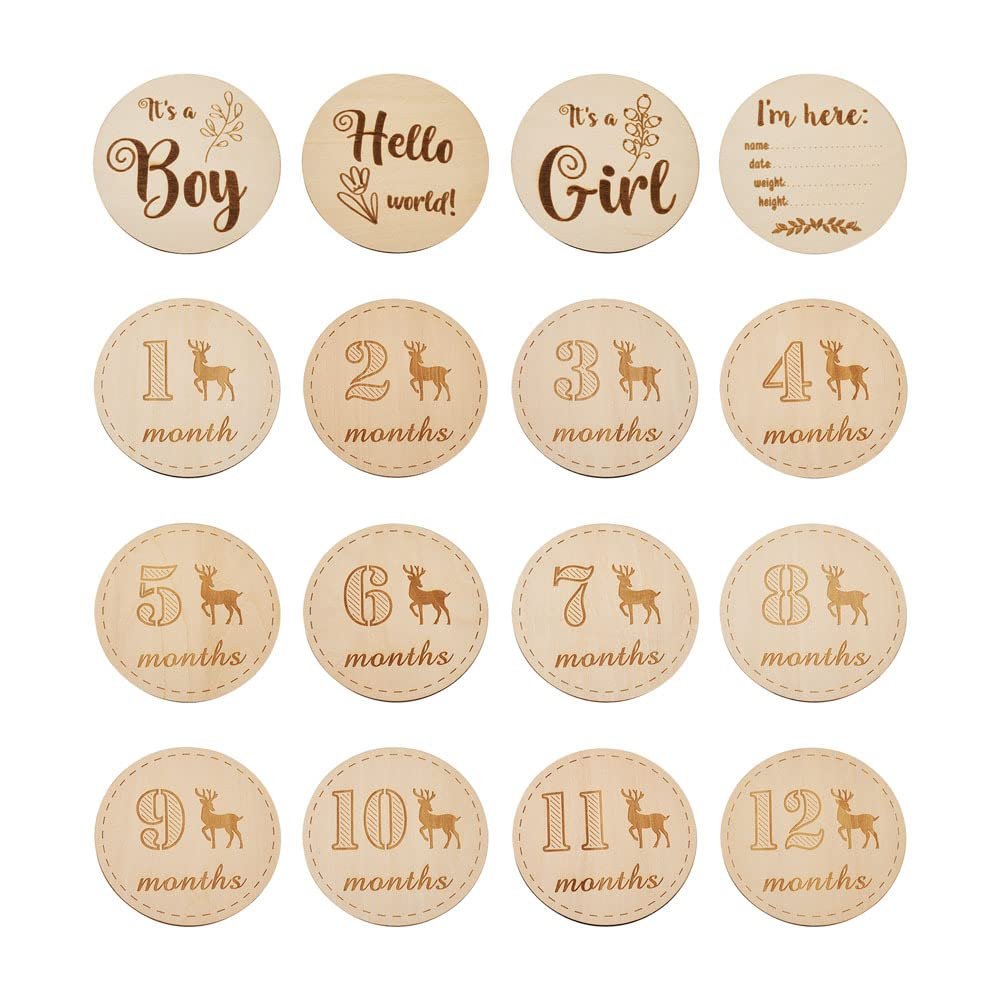 Beadthoven 16pcs Monthly Milestone Wooden Cards Basswood Milestone Discs Includes Boy & Girl Birth Announcement Sign Monthly Milestone Burlywood Props Perfect for Birthday Gifts