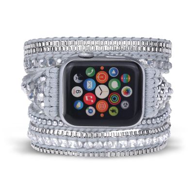 CHARMINGO Boho 5 Wrap Bracelet Compatible with Beaded Apple Watch Band for Women Men 42mm/44mm/45mm/49mm, Handmade Crystal Stone Bead Watch Strap for Iwatch Band Series 10/9/8/7/6/5/4/3/2/1/SE Ultra 2 Silver
