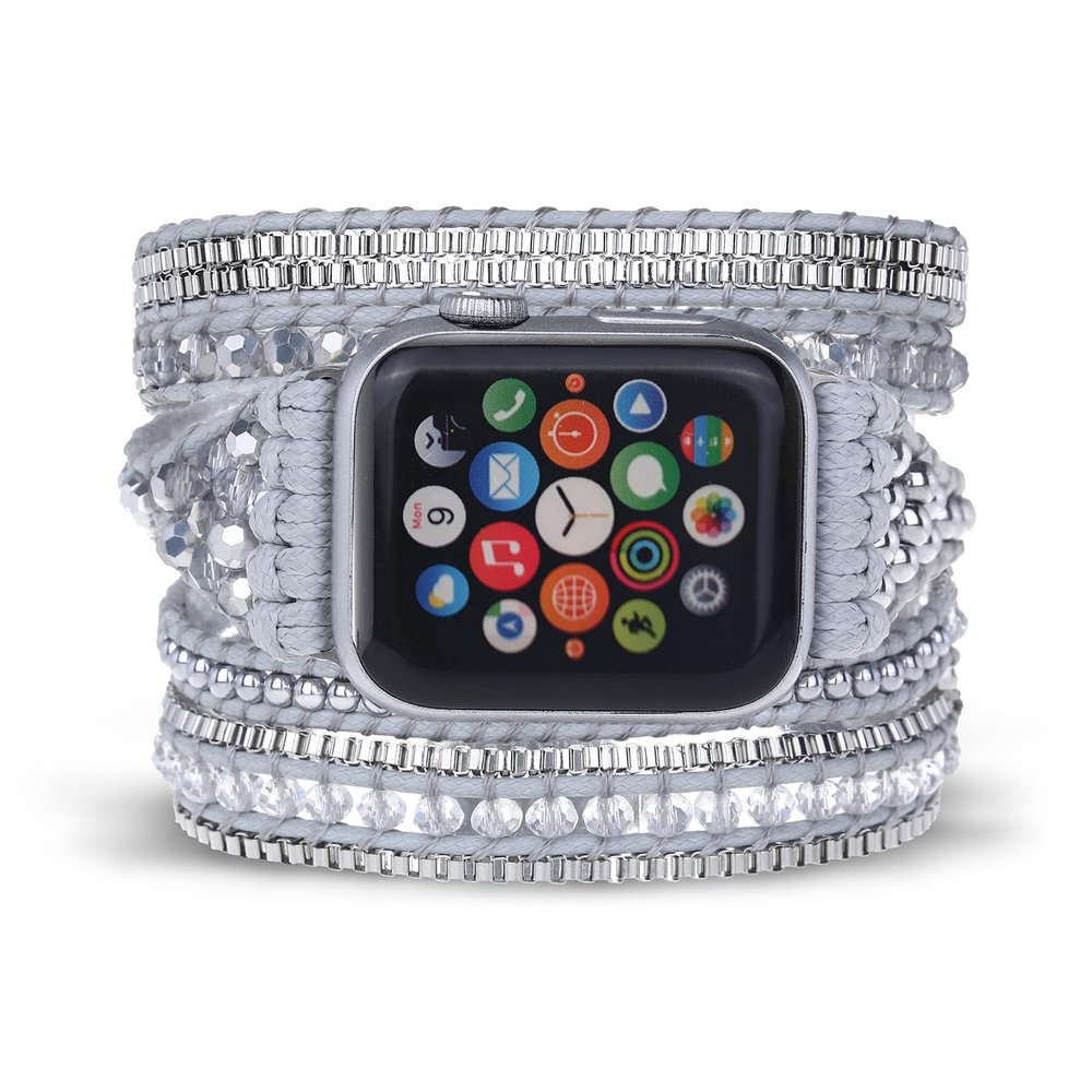 CHARMINGO Boho 5 Wrap Bracelet Compatible with Beaded Apple Watch Band for Women Men 38mm/40mm/41mm, Handmade Crystal Stone Beads Watch Strap for Iwatch Band Series 8/7/6/5/4/3/2/1/SE Ultra Silver