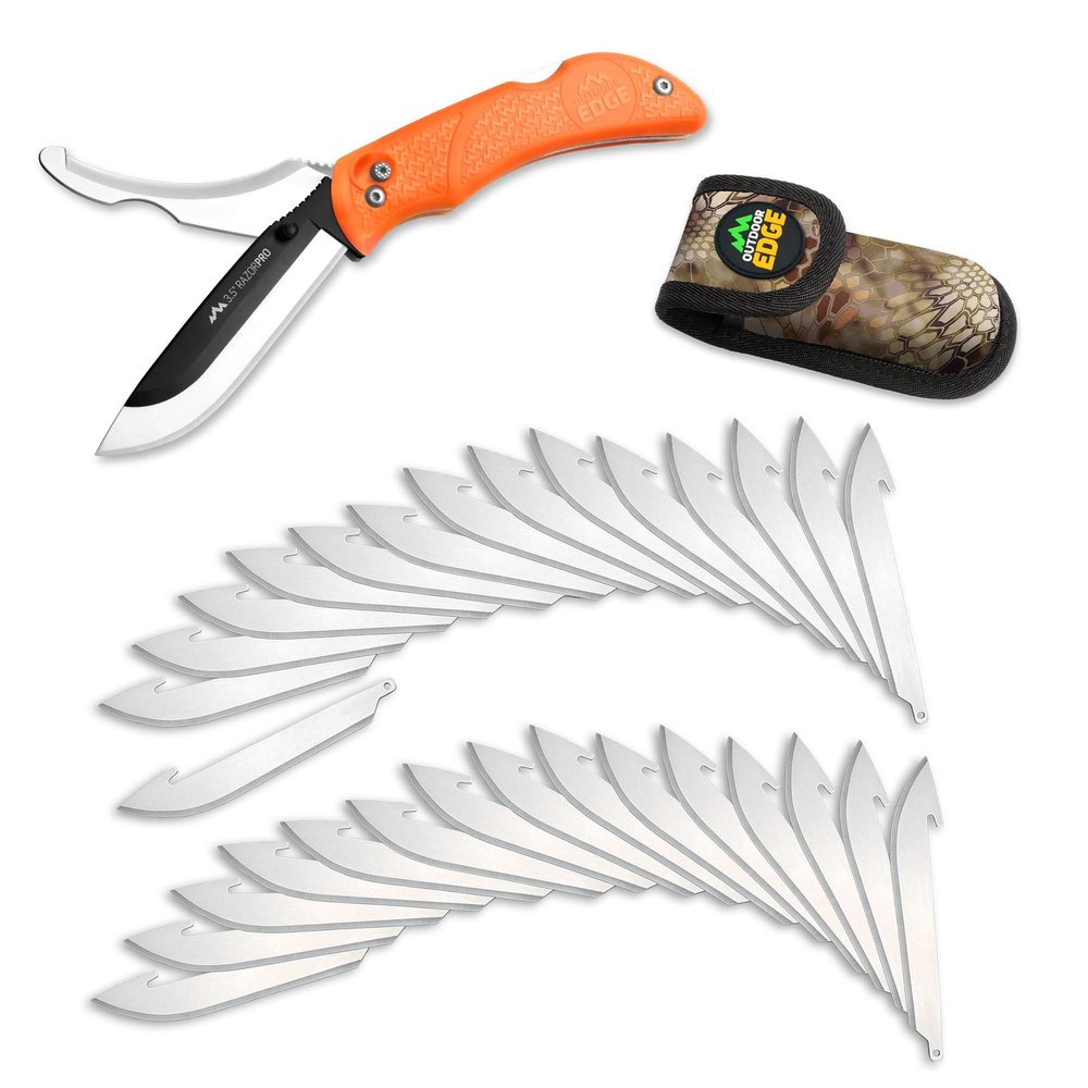 OUTDOOR EDGE RazorPro G Double Blade Hunting Knife Replaceable Razor Sharp Skinning Blade & Gutting Knife for Fast Field Dressing, Non-Slip Black Handle, Black Sheath with 6 Extra Blades (Orange (30 Blades))