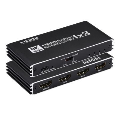 8K@60Hz HDMI Splitter 1 in 3 Out, 1x3 HDMI 2.1 Splitter Support 4K@120Hz, 1080P@240Hz VRR HDCP2.3 HDR HDR10 48Gbps EDID Dolby Atmos 7.1ch, Only Duplicate/Mirror Screens Not Extend